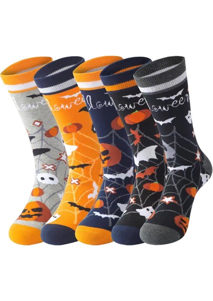 5'lü Pamuklu Uzun Çorap Noel Hediye Kabak Halloween Desenli (Yurt Dışından)