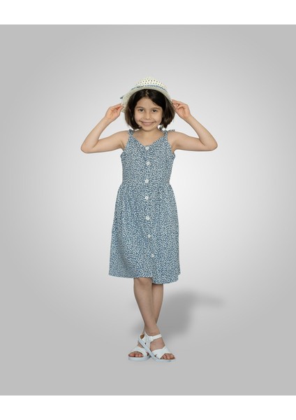 Zana Kids 5-8 Yaş Kız Çocuk Hasır Şapkalı Askılı Gömlek  Elbise - Indigo