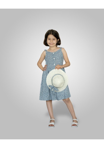 Zana Kids 5-8 Yaş Kız Çocuk Hasır Şapkalı Askılı Gömlek  Elbise - Indigo