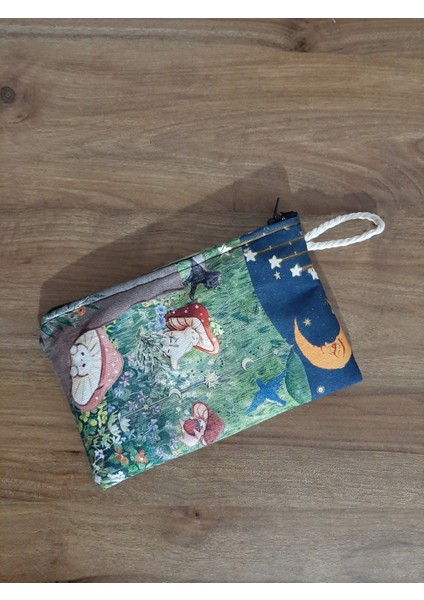 Fairycore Gece Sihirli Manta Kedi ve Ay Desenli Tasarım Bez Kalemlik-Cüzdan