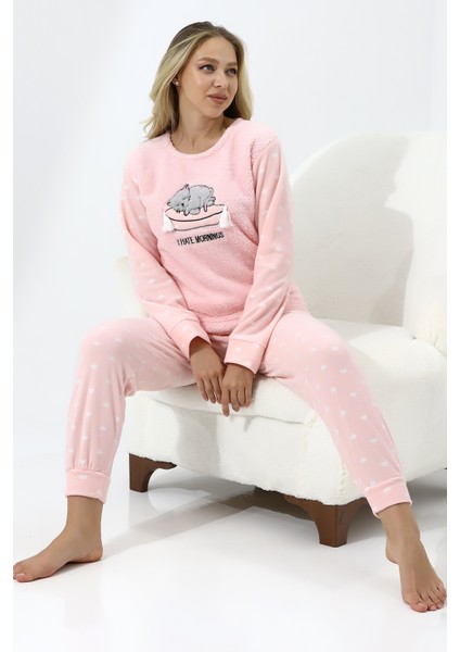 Fawn 5006 Peluş Welsoft Polar Kışlık Yumoş Kadın Pijama Takımı Uyuyan Kedili