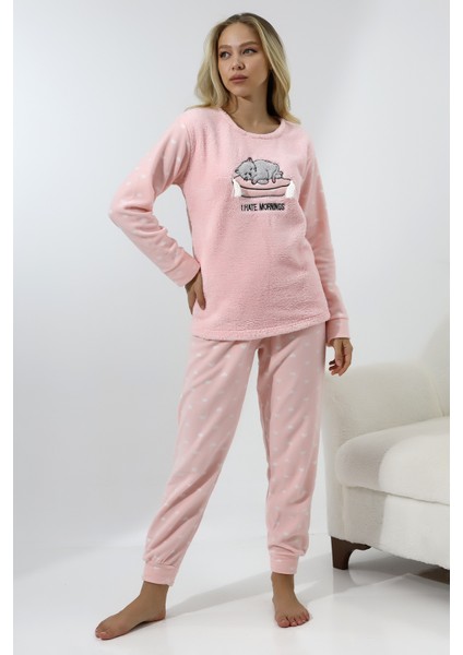 Fawn 5006 Peluş Welsoft Polar Kışlık Yumoş Kadın Pijama Takımı Uyuyan Kedili indirimleri
