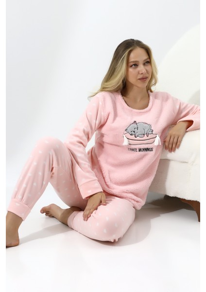 Fawn 5006 Peluş Welsoft Polar Kışlık Yumoş Kadın Pijama Takımı Uyuyan Kedili