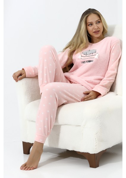 Fawn 5006 Peluş Welsoft Polar Kışlık Yumoş Kadın Pijama Takımı Uyuyan Kedili