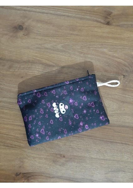 Kuromi Uçuşan Kalpler Mor Desenli Tasarım Bez Kalemlik-Cüzdan