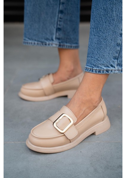 Balerine Nude Deri Altın Tokalı Kadın Loafer fırsatları