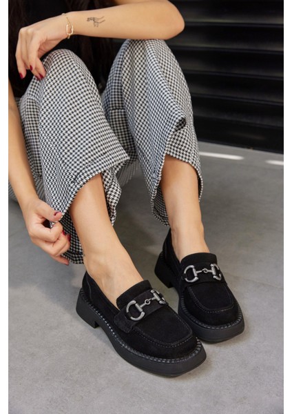 Toty Siyah Süet Deri Kadın Loafer