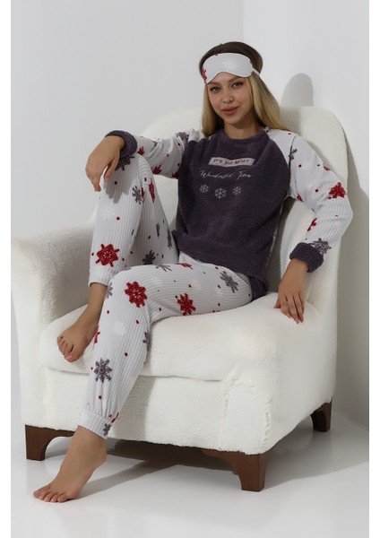 F5009 Peluş Welsoft Polar Kışlık Yumoş Kadın Pijama Takımı
