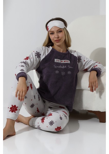 F5009 Peluş Welsoft Polar Kışlık Yumoş Kadın Pijama Takımı
