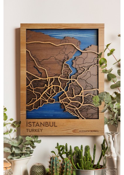 Ahşap Tablo Duvar Dekoru Wall Art - 3 Boyutlu İstanbul Haritası
