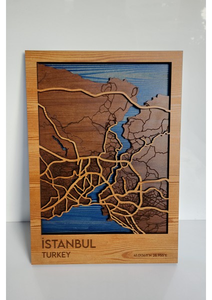 Ahşap Tablo Duvar Dekoru Wall Art - 3 Boyutlu İstanbul Haritası