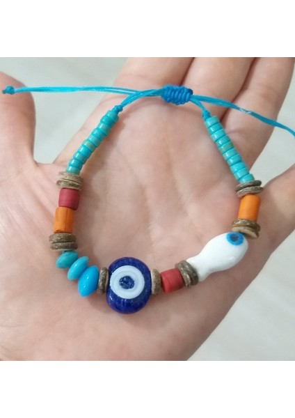 El Yapımı Lacivert Cam Nazar Boncuklu Hint Cam Boncuklu Seramik Balık Bileklik