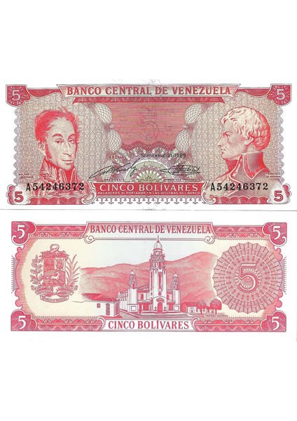 Venezuela 1989 Yılı 5 Bolivares Yabancı Kağıt Para Çil (Unc) Koleksiyon Para