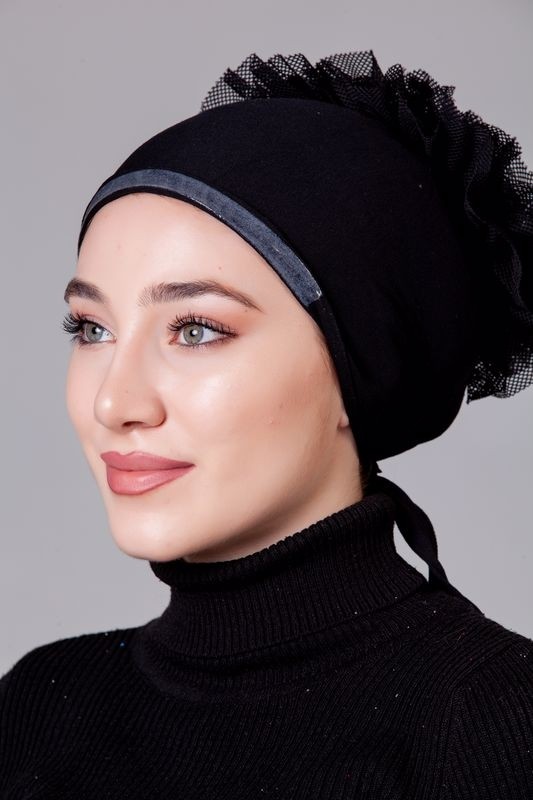 Nanak Siyah Likralı Fırfırlı Kaymayan Bone görsel 6
