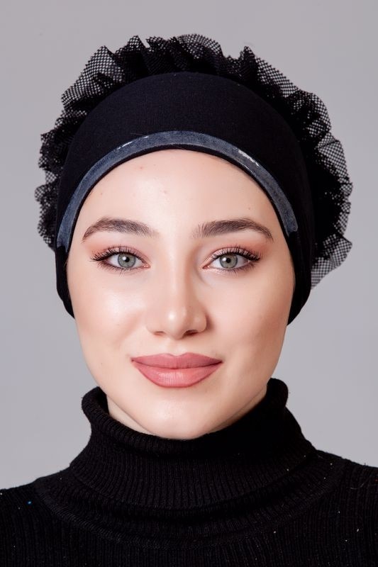 Nanak Siyah Likralı Fırfırlı Kaymayan Bone görsel 7