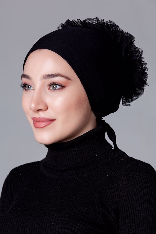 Nanak Siyah Likralı Fırfırlı Kaymayan Bone görsel 8