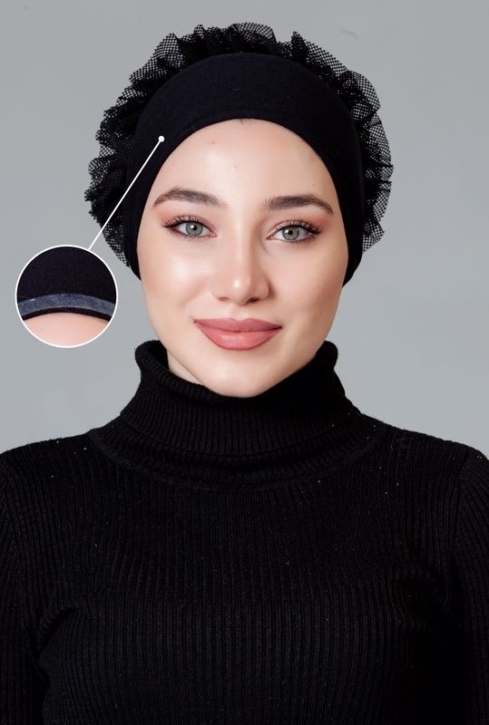 Nanak Siyah Likralı Fırfırlı Kaymayan Bone görsel 4