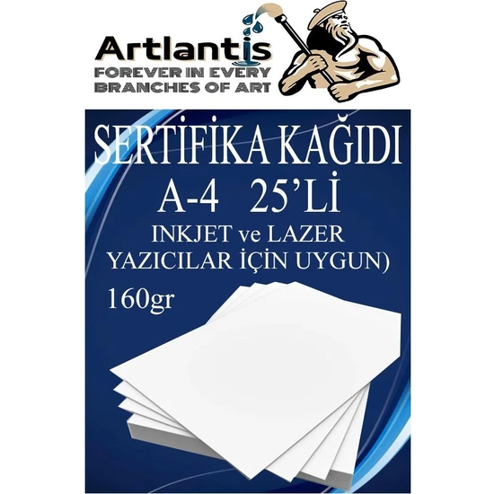 Artlantis A4 Sertifika Kağıdı Kalın 25 Adet Gramajlı Fotokopi Kağıdı 160 gr Tüm Yazıcılara Uyumlu 21X29.7 cm Kalın Baskı Kağıdı