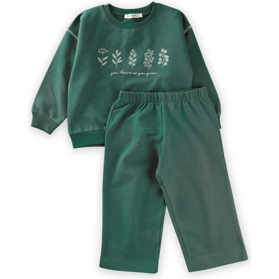 Karyokalı Baskılı Bol Paça Pantolonlu Sweatshirt Takım 2-10 Yaş Haki Yeşil