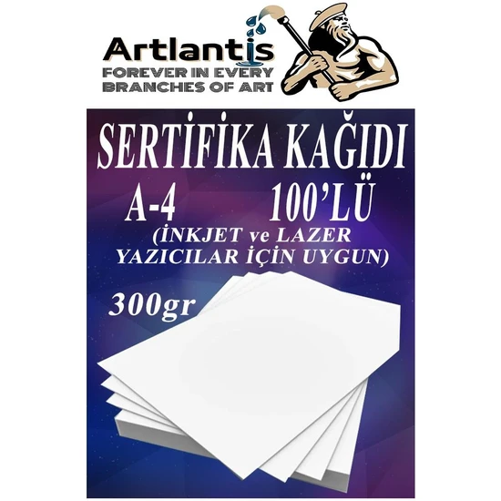 Artlantis A4 Sertifika Kağıdı Kalın 100 Adet Gramajlı Fotokopi Kağıdı 300 gr Tüm Yazıcılara Uyumlu 21X29.7 cm Kalın Baskı Kağıdı