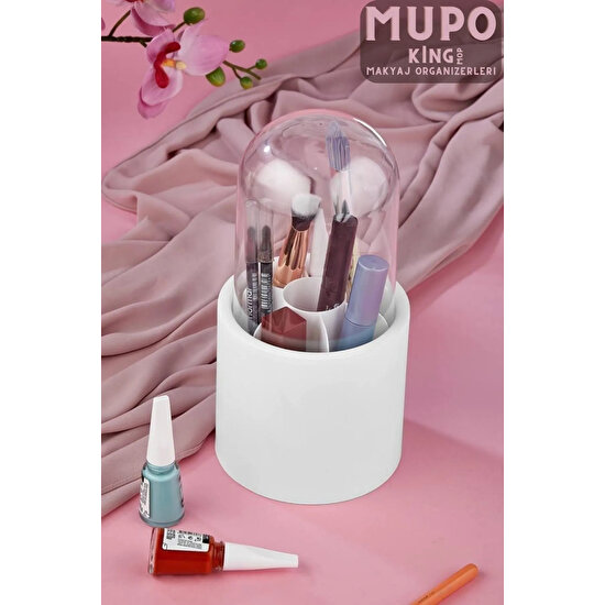 King Mop Mupo Beyaz Renkli 7 Bölmeli Şeffaf Koruma Kapaklı Makyaj Fırçası ve Kozmetik Düzenleyici