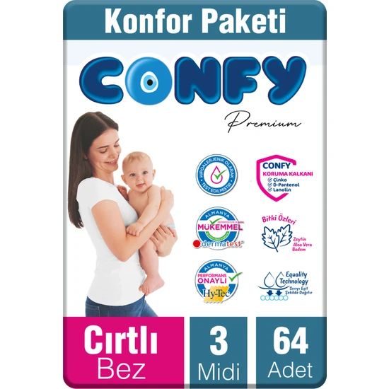 Confy Premium Bebek Bezi 3 Beden Midi 64 Adet