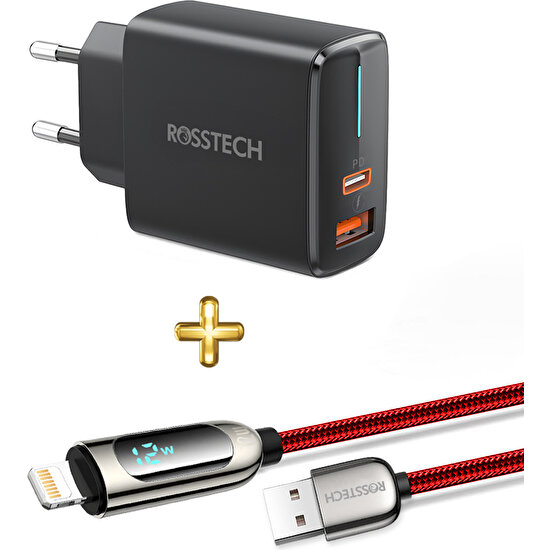 Rosstech 20W Pd Hızlı Şarj Adaptörü + 12W Lightning To USB Dijtal Ekranlı Hızlı Şarj Kablosu Seti