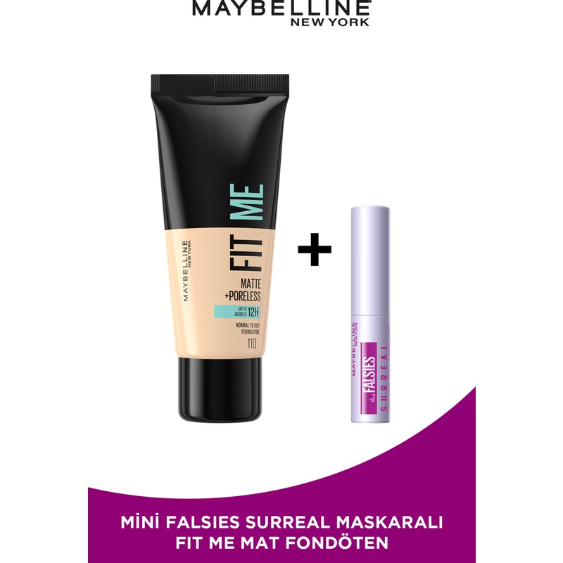 Maybelline New York Fit Me Matte+Poreless Fondöten - 110 Porcelain & Maybelline Mini Surreal Maskara