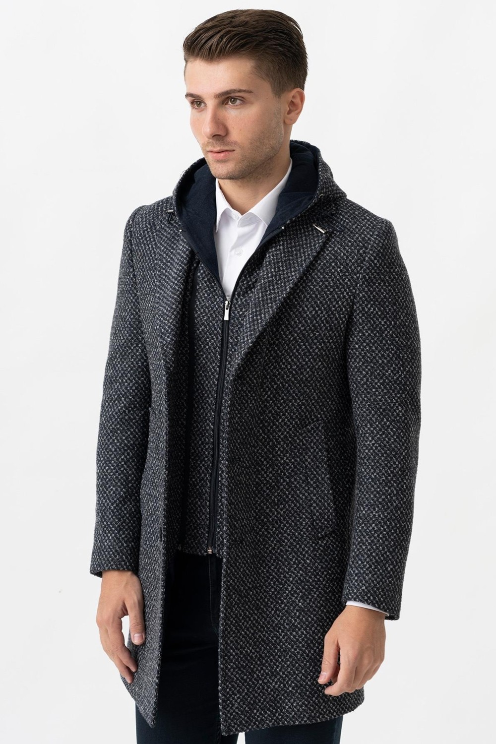 White Stone Ancona 4024 Slim Fit Kapüşonlu Ceket Yaka Pamuklu Kaban Indigo görsel 2