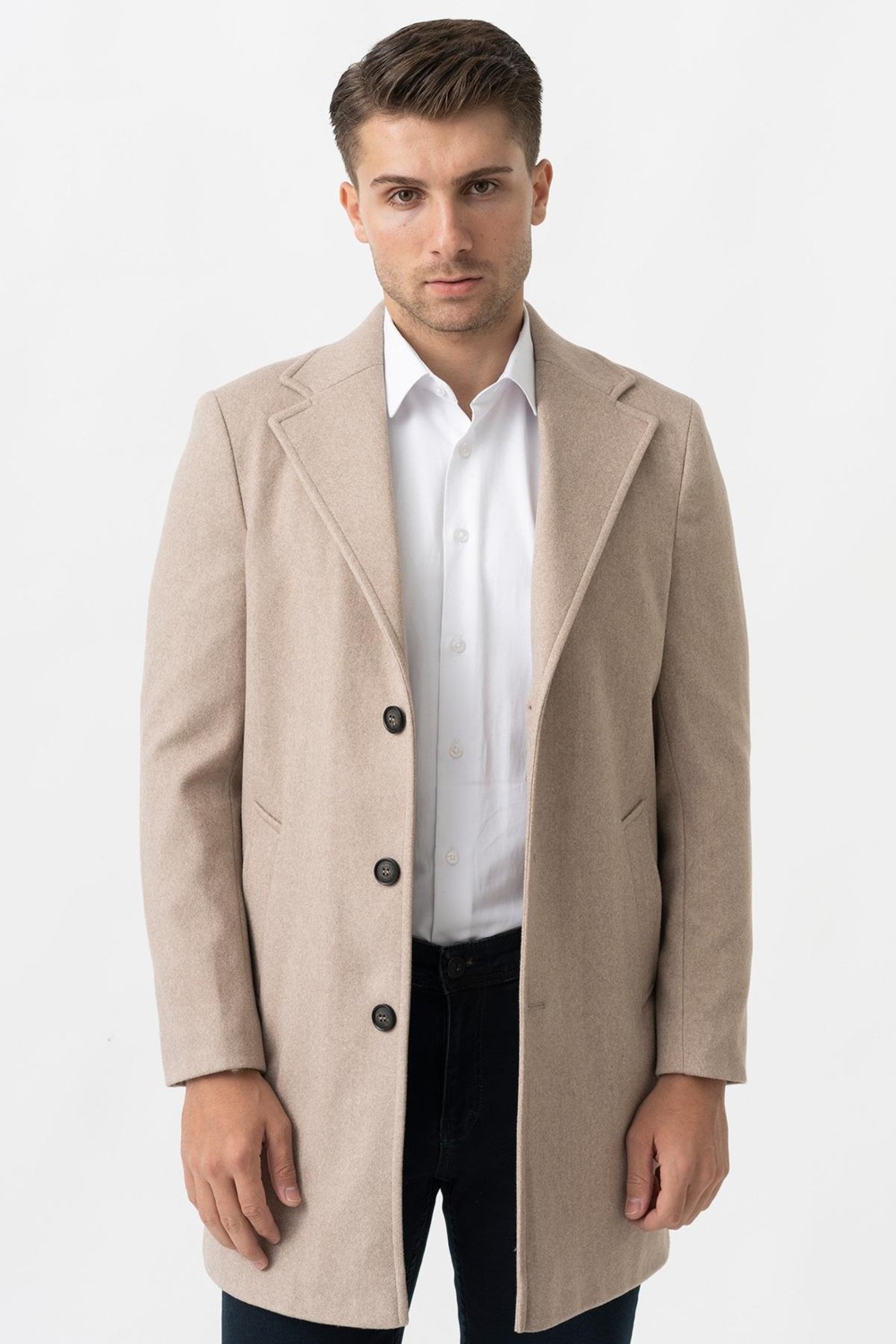 White Stone Ancona 4025-2 Düz Ceket Yaka Slim Fit Pamuklu Kaban K.bej