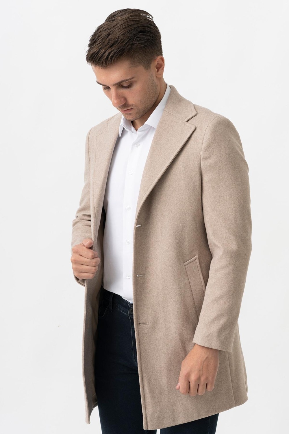 White Stone Ancona 4025-2 Düz Ceket Yaka Slim Fit Pamuklu Kaban K.bej görsel 3