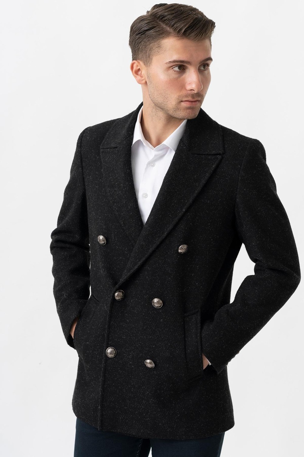 White Stone Trento K290 Kruvaze Yaka Slim Fit Pamuklu Kaban Siyah görsel 4