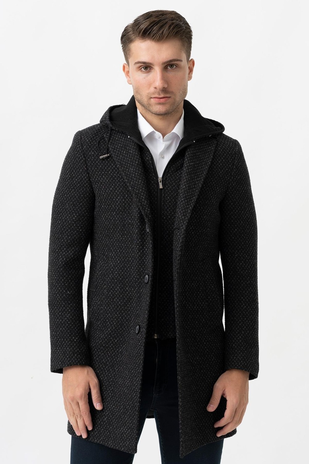 White Stone Ancona 4024 Slim Fit Kapüşonlu Ceket Yaka Pamuklu Kaban Siyah