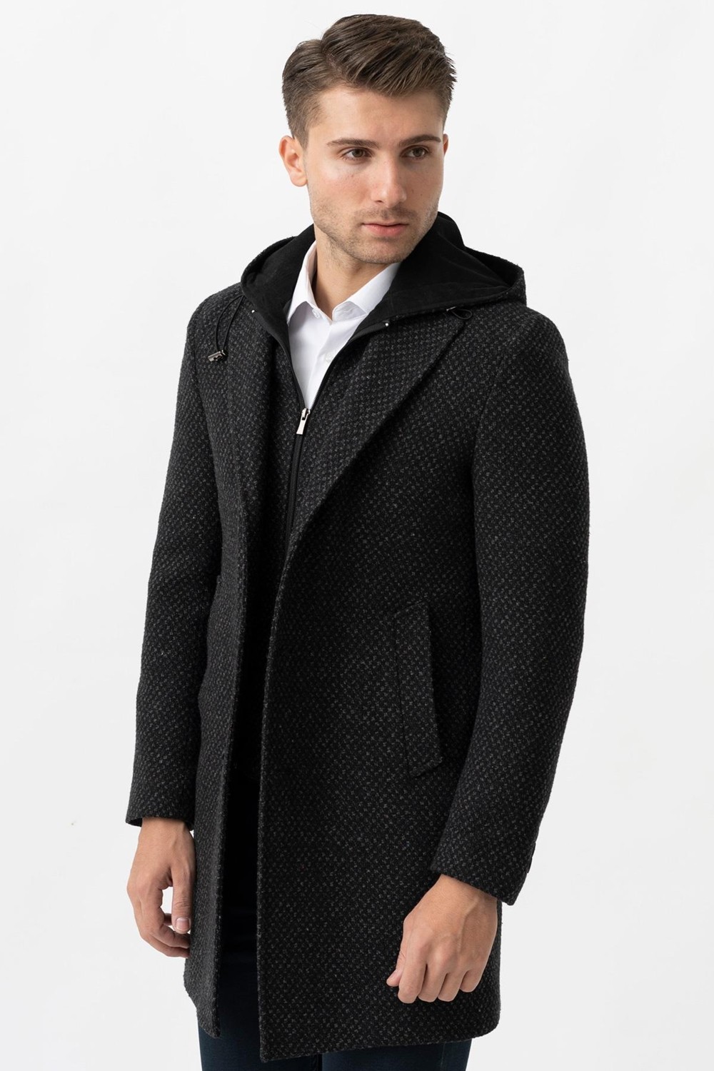 White Stone Ancona 4024 Slim Fit Kapüşonlu Ceket Yaka Pamuklu Kaban Siyah görsel 2