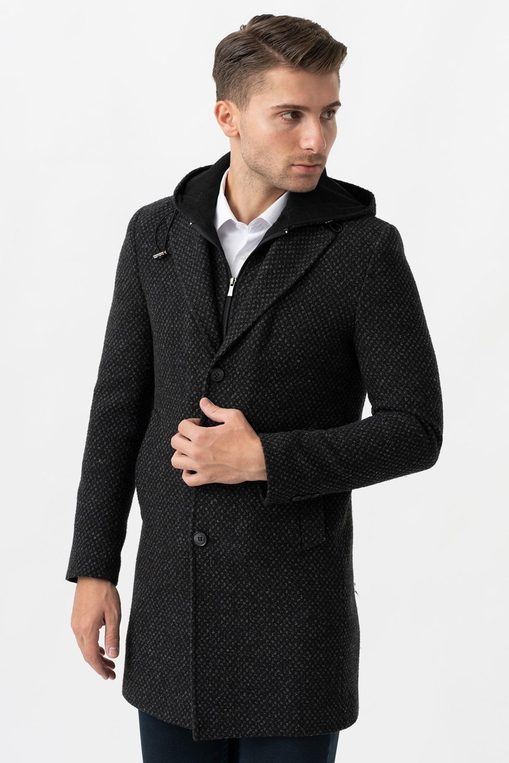 White Stone Ancona 4024 Slim Fit Kapüşonlu Ceket Yaka Pamuklu Kaban Siyah görsel 5