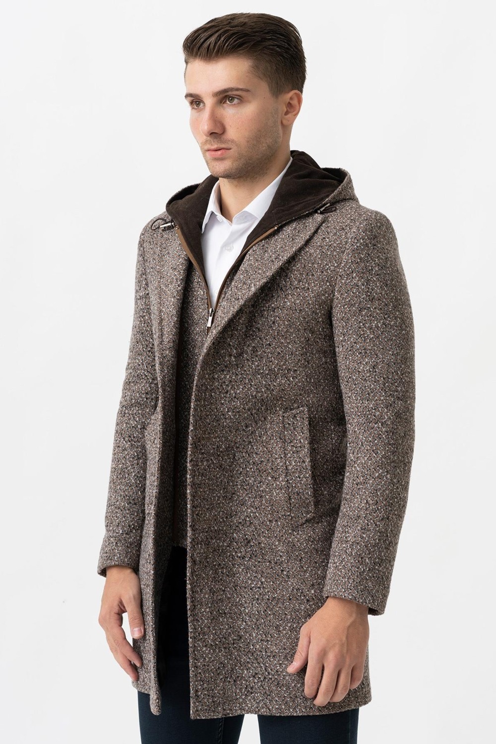 White Stone Ancona 4024 Slim Fit Kapüşonlu Ceket Yaka Pamuklu Kaban Kahve görsel 3