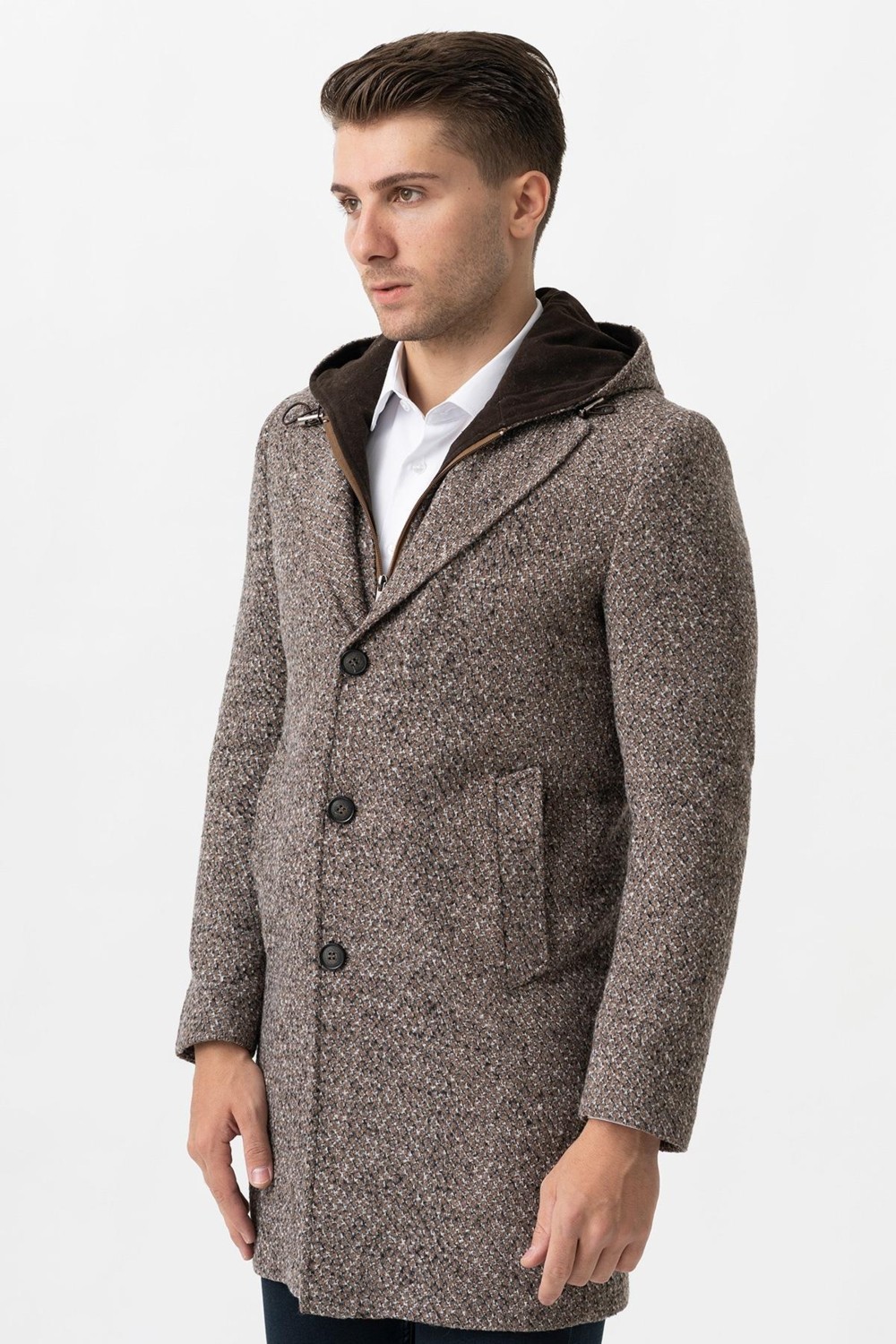 White Stone Ancona 4024 Slim Fit Kapüşonlu Ceket Yaka Pamuklu Kaban Kahve görsel 4