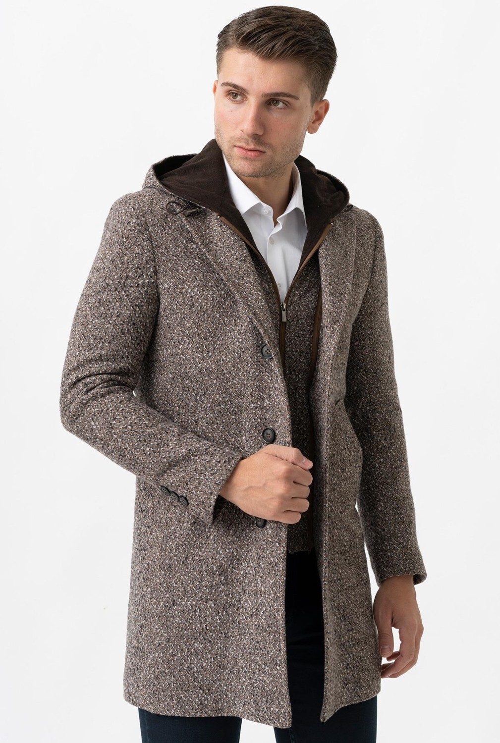 White Stone Ancona 4024 Slim Fit Kapüşonlu Ceket Yaka Pamuklu Kaban Kahve görsel 2