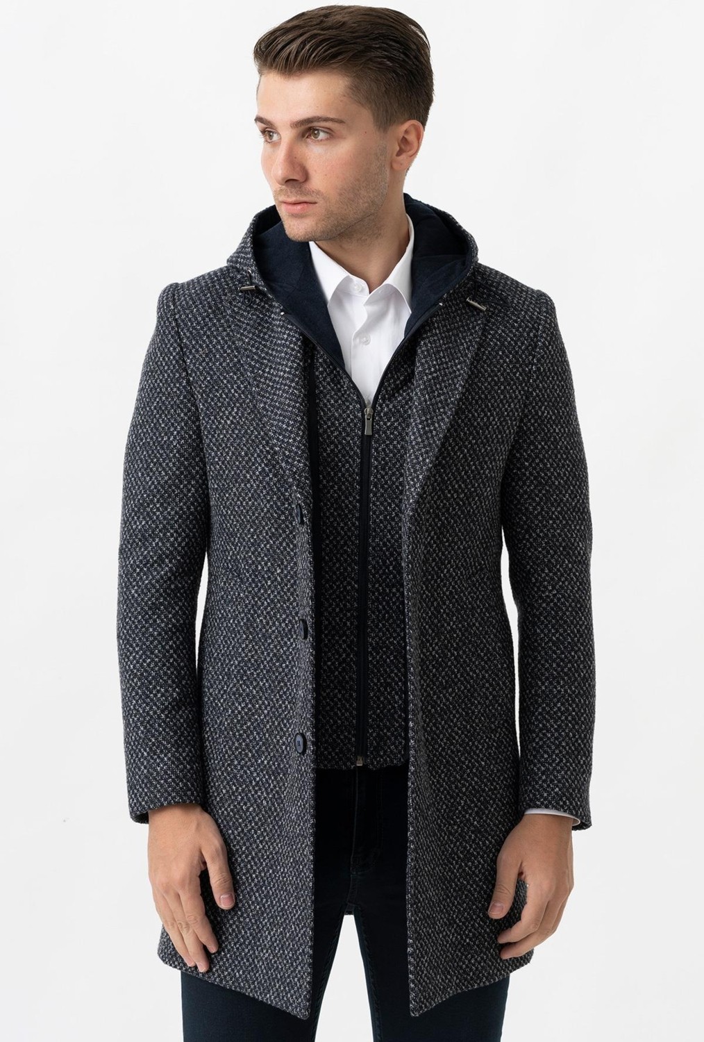 White Stone Ancona 4024 Slim Fit Kapüşonlu Ceket Yaka Pamuklu Kaban Indigo