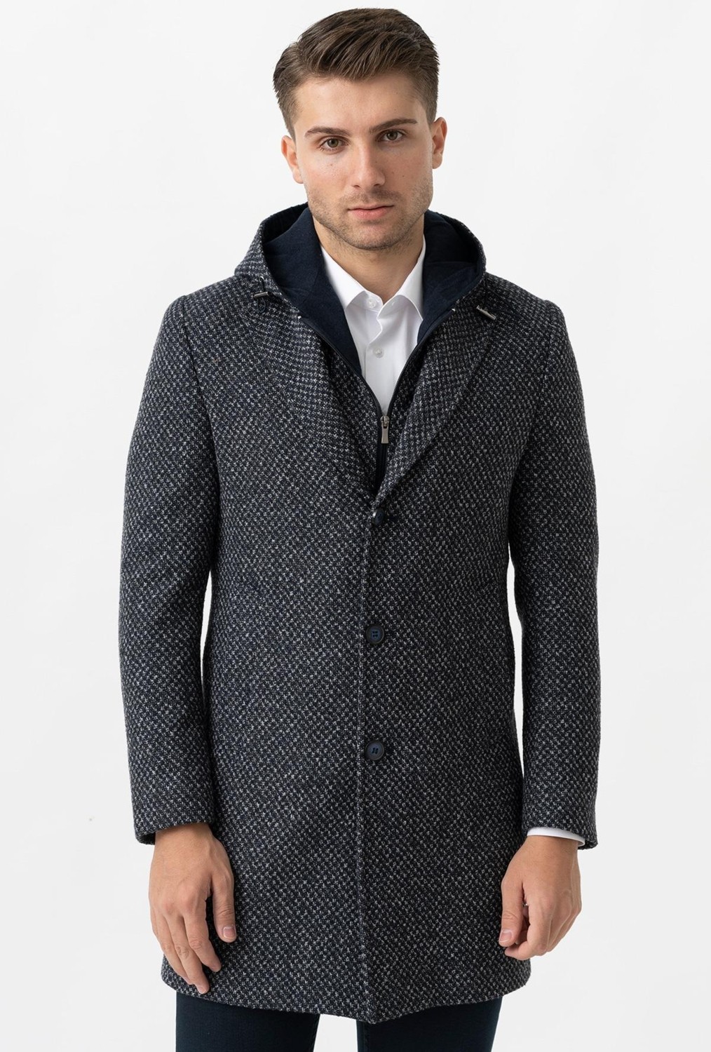 White Stone Ancona 4024 Slim Fit Kapüşonlu Ceket Yaka Pamuklu Kaban Indigo görsel 4