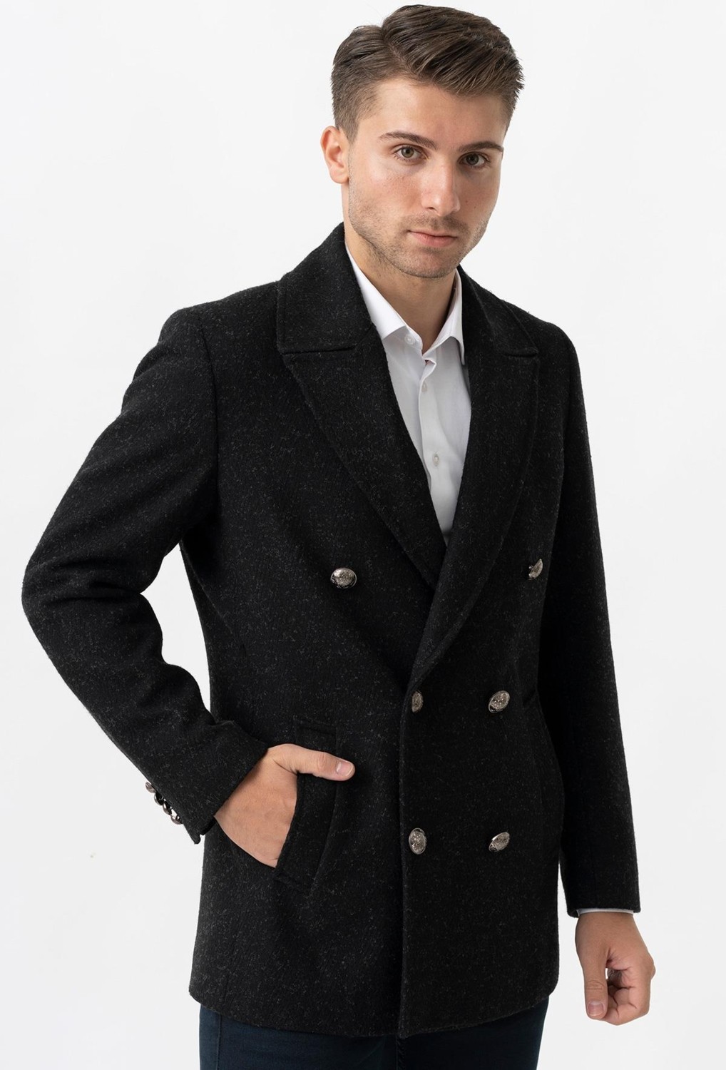 White Stone Trento K290 Kruvaze Yaka Slim Fit Pamuklu Kaban Siyah görsel 2