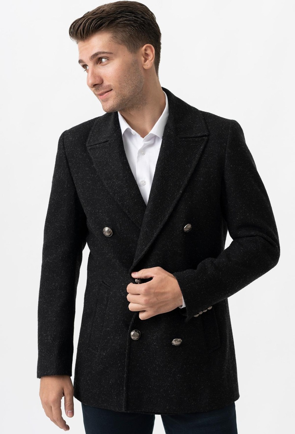 White Stone Trento K290 Kruvaze Yaka Slim Fit Pamuklu Kaban Siyah görsel 3