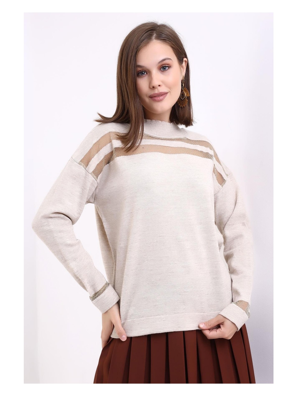 Irmak Kerekli Transparan Çizgili Triko Kazak Triko Bluz 1107 - Görsel 5