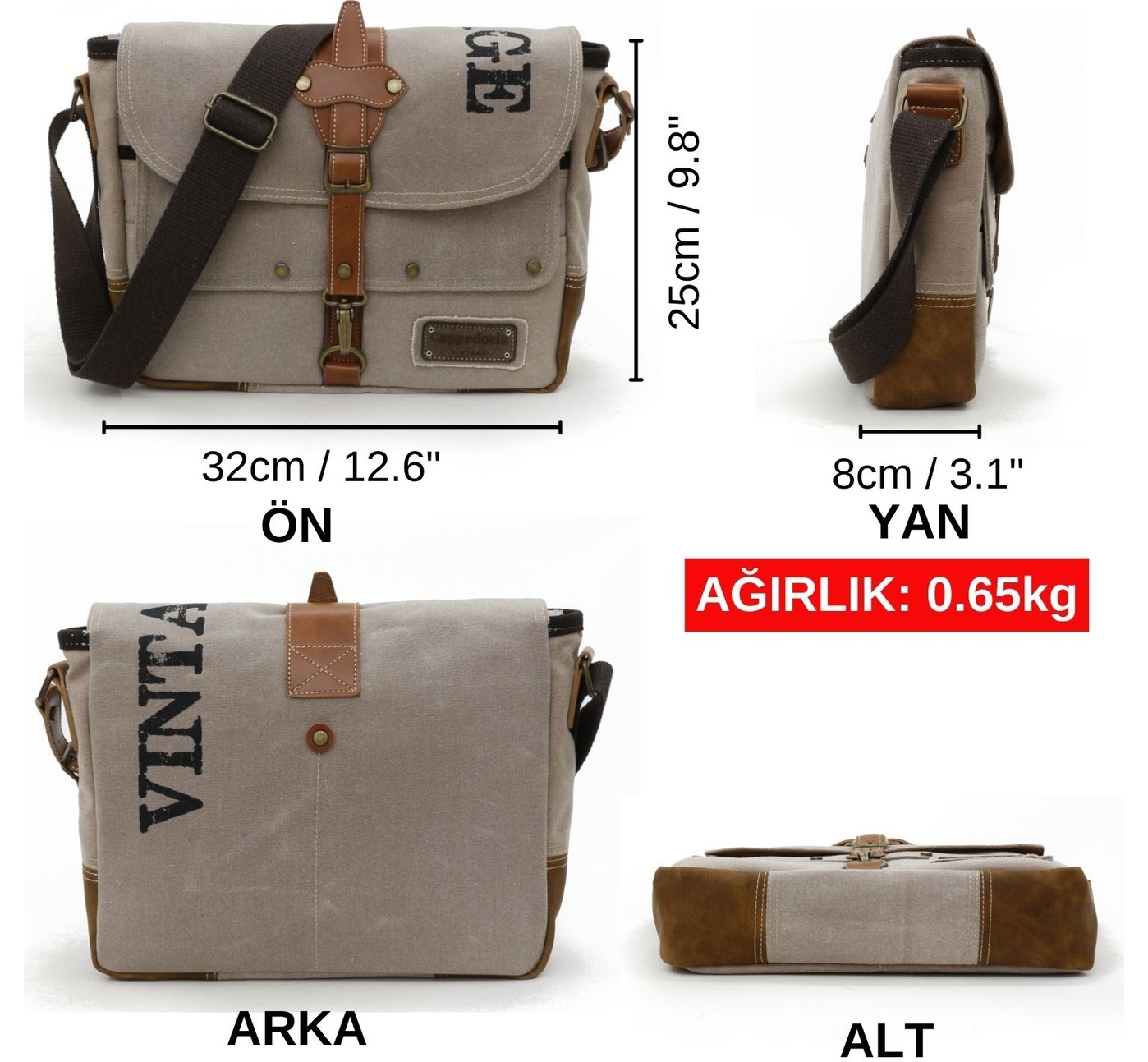 Cappadocia Vintage 4046 Omuz Postacı Bej Haki Hardal Suya Dayanıklı Mumlu Kanvas Laptop Seyahat Çantası görsel 7