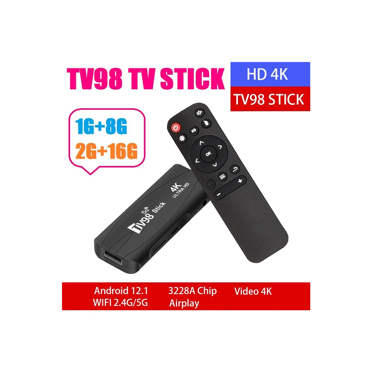 Simpls TV98 Android TV Box 4K 60Fps - 2GB RAM, 16GB ROM, WiFi 2.4G/5G, Android 12.1 (Spina UE)