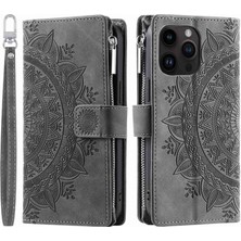 Forestl Digital Iphone 14 Pro 14 Için Çoklu Kart Yuvası Telefon Kapağı Mandala Çiçek Baskılı Pu Deri Stand Zipper Cep Cüzdan Strap-Greey (Yurt Dışından)