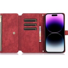 Forestl Digital Iphone 14 Pro 14 Için Telefon Kılıfı Zipper Cep Folio Pu Deri Kılıf Manyetik Kapatma Çoklu Kart Yuvaları Stand Flip Cüzdan Kapak-Kırmızı (Yurt Dışından)