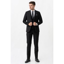 White Stone Siyah Slim Fit Kalıp Yelekli Esnek Likralı Kapaklı Cepli Takım Elbise