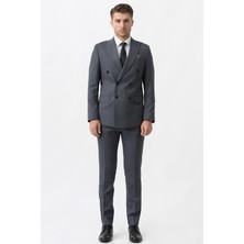 White Stone Gri Uyumlu Beyaz İnce Çizgili Slim Fit Kruvaze Premium Takım Elbise