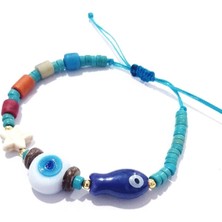 Funny Takı El Yapımı Beyaz Cam Nazar ve Hint Cam Boncuklu Yıldızlı Seramik Balık Bileklik